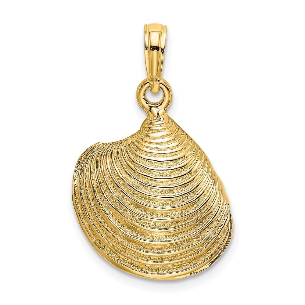 14k Yellow Gold Sea Life 3-D Textured Clam Shell Necklace Charm Pendant